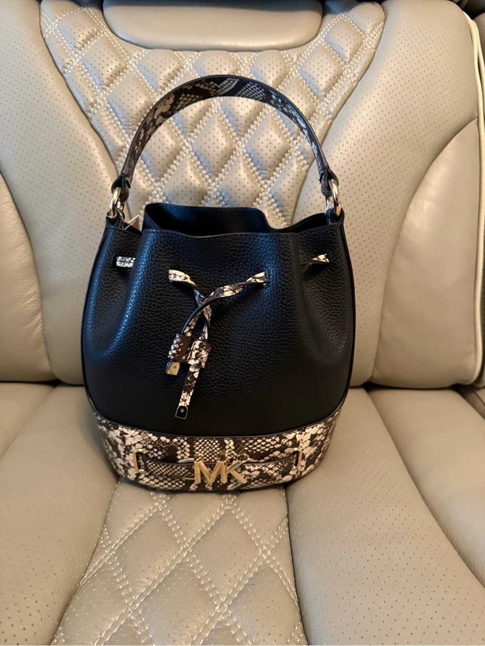 Michael Kors Black Pebble Leather Bucket Bag with Snake-Print Trim